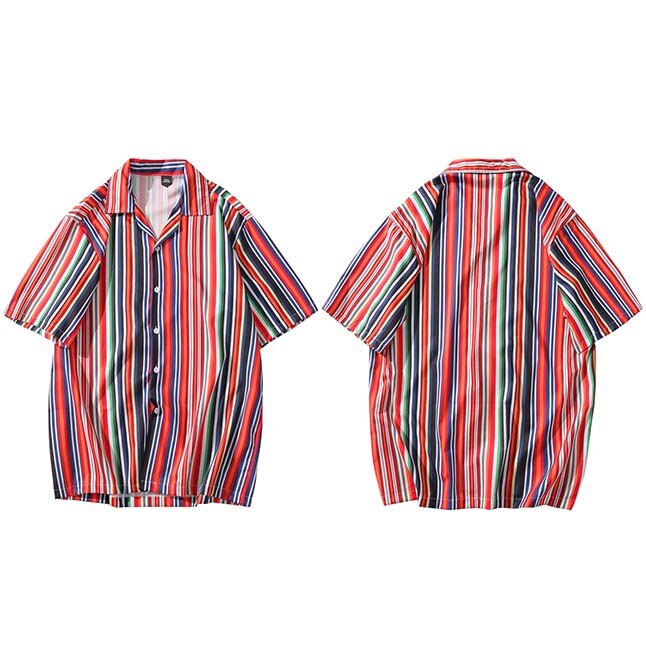 Miesten havaijilainen paita hip hop paita streetwear valkoinen sininen punainen raita paita harajuku rantapaita kesä topit lyhythihainen: A07 xq 107 punaista / Aasialainen m