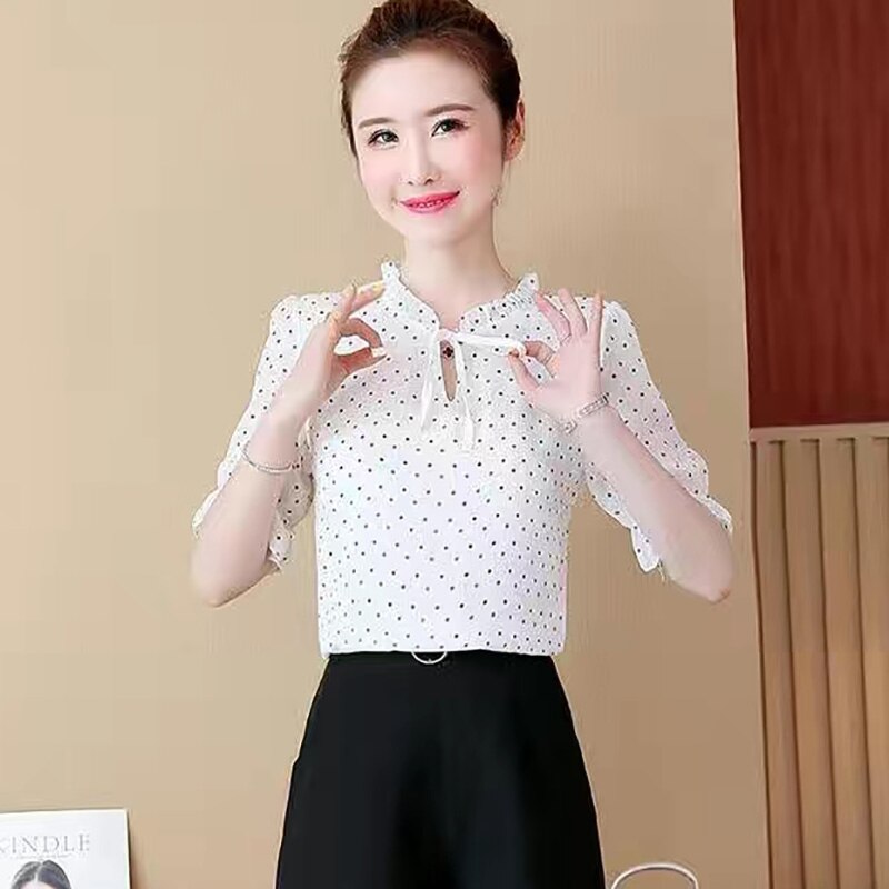Kvinder forår sommer stil chiffon bluser skjorter dame casual korte lanterne ærmer prikkede print blusas toppe  dd8822