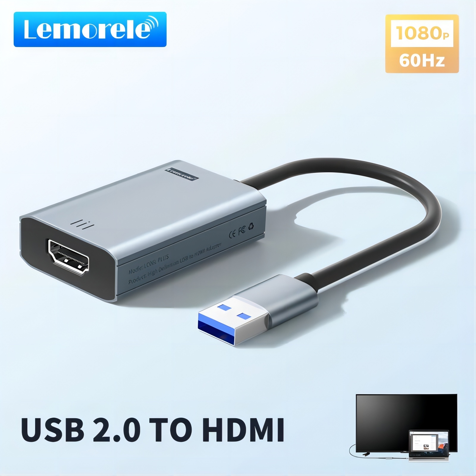 Lemorele Adapter USB na HDMI Kompatybilny konwerter 1080P USB męski na HDMI żeński Zewnętrzna karta graficzna Kabel adaptera karty graficznej