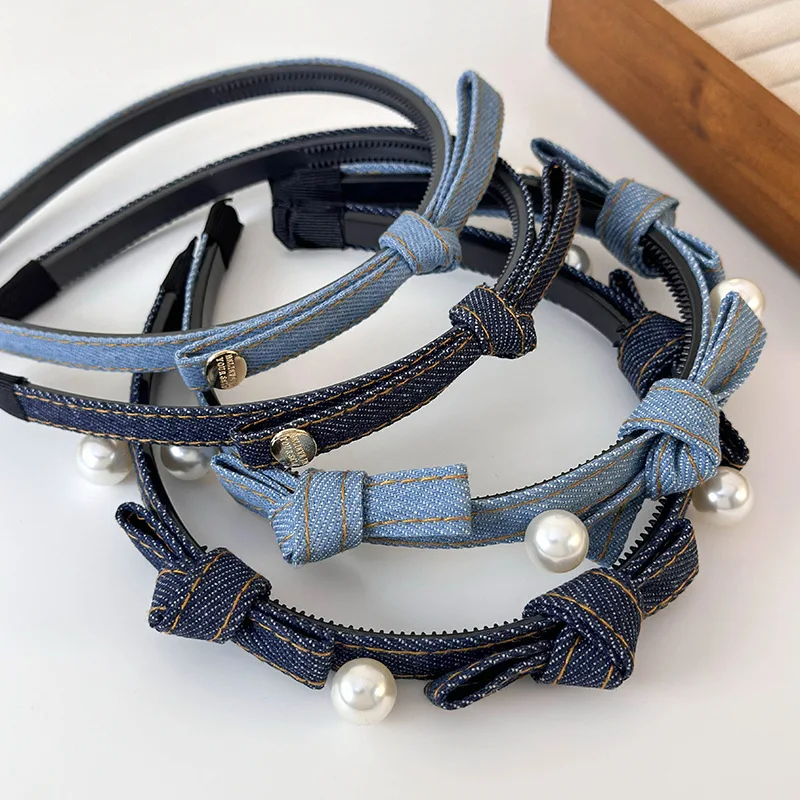 Diadema de perlas con lazo de Color azul vaquero Retro para niña, bandas para el cabello dulces para mujer, aro para el cabello con temperamento, accesorios para el cabello de femenina