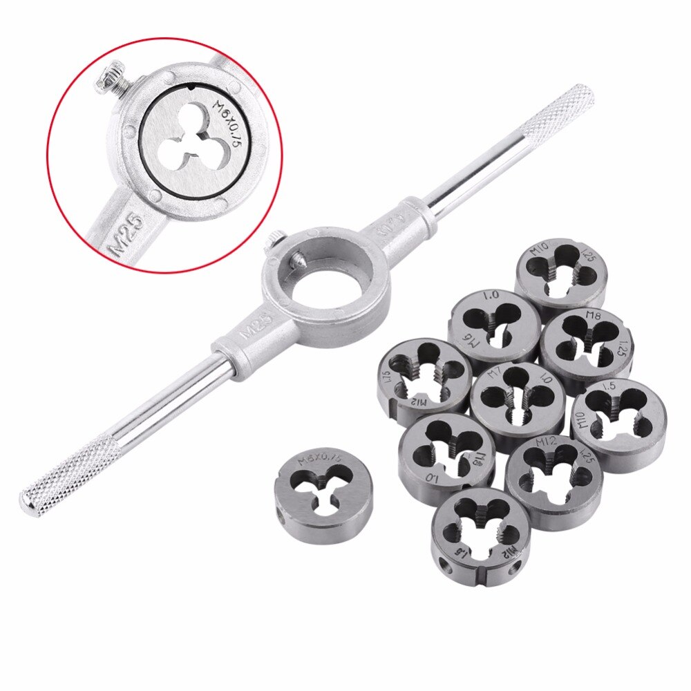 11PCS/Set Bearing Steel Die Wrench Sets Circular Die Kit Screw Thread Taps and Die Hand Tapping Tools Screw Tap Die Wrench Kit