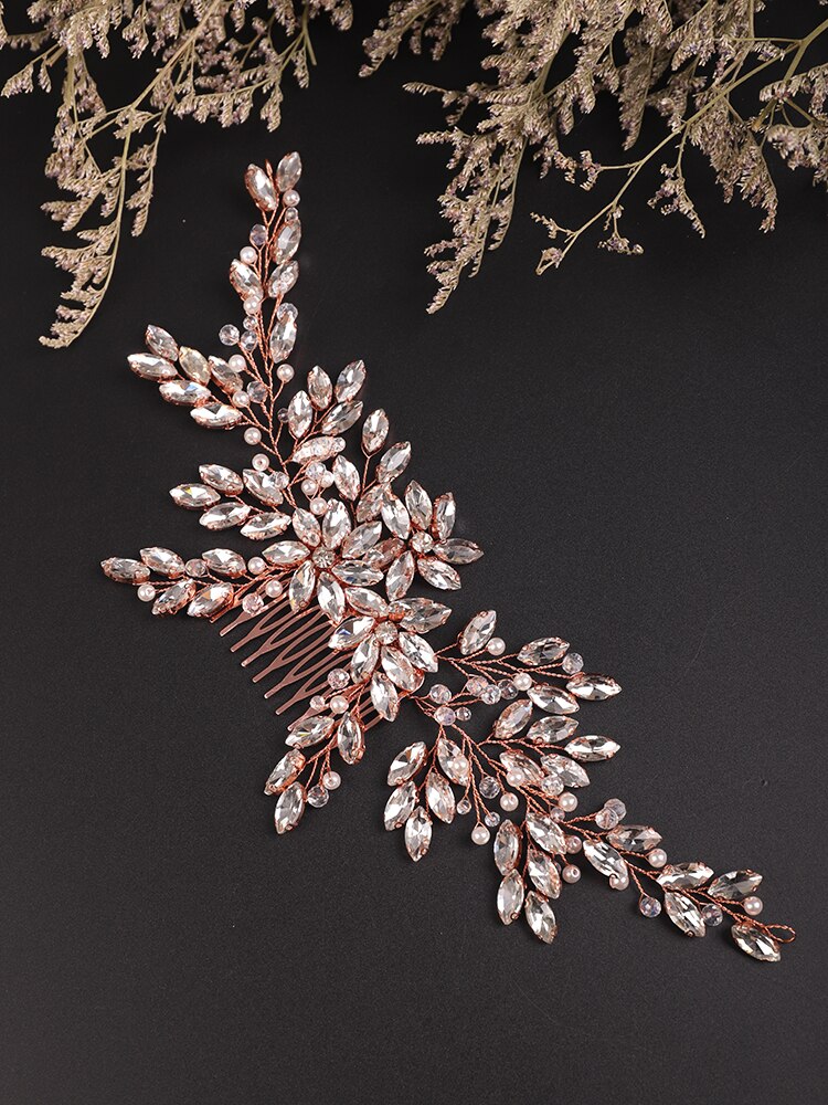 Peine grande para el pelo de novia, accesorio Vintage de plata con diamantes de imitación, perlas brillantes y cristales, tocado, pieza de cabello nupcial, boda: Rose gold