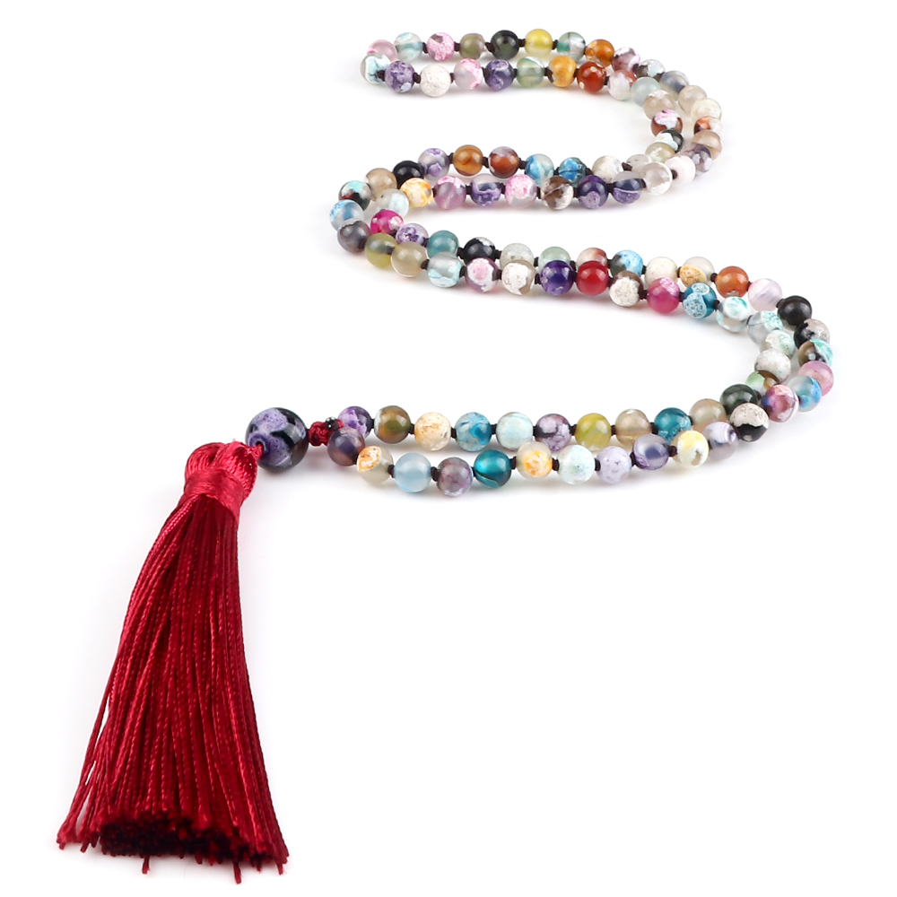 108 Beads Prayer Necklace Natural Green Stripe Onyx Stone Buddhist Buddha Meditation Bead Mala Necklace Women Men Jewelry: Blue white zinc plated