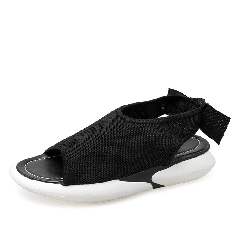 MCCKLE été femmes sandales plates Peep Toe maille tissu sandale noeud papillon femme chaussures plates sans lacet confort chaussures décontractées: black / 6