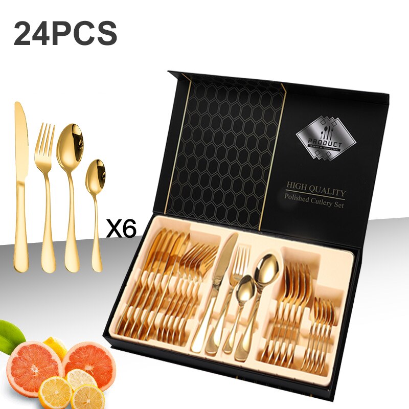 24PCS Western Kitchen Dinnerware Stainless Steel Cutlery Steak Knives Forks Dessert Spoon Tableware Set Box Party Wedding