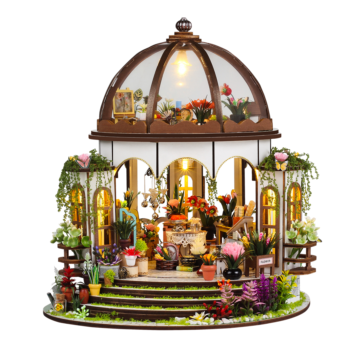 Gør-det-selv trædukkehuse hængende have casa miniature byggesæt blomsterdukkehus med møbler led-lys til piger
