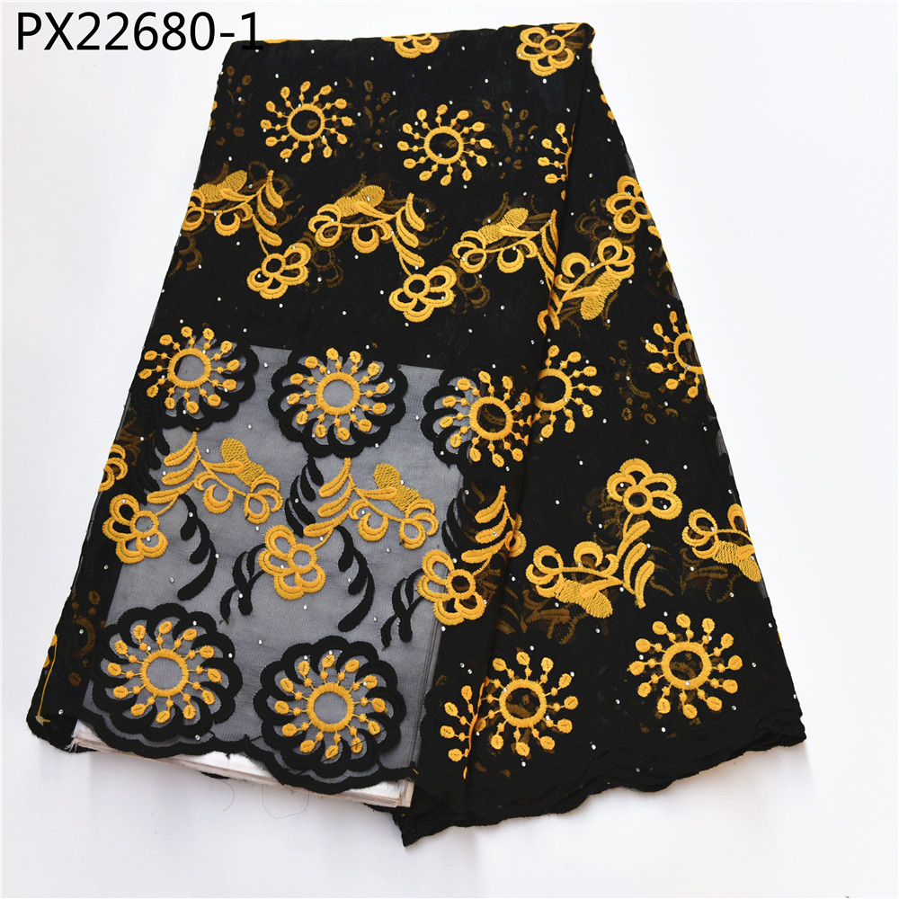 African Black color french net lace with pearls and stones women fabric lace dress: 1