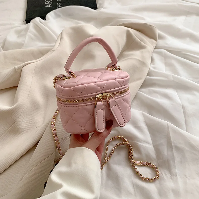 Kinderen Mini Handtassen Zwart PU Lederen Emmer Tas voor Meisjes Metalen Ketting Dames Kleine Crossbody Schoudertassen Kinderen Portemonnee: Roze