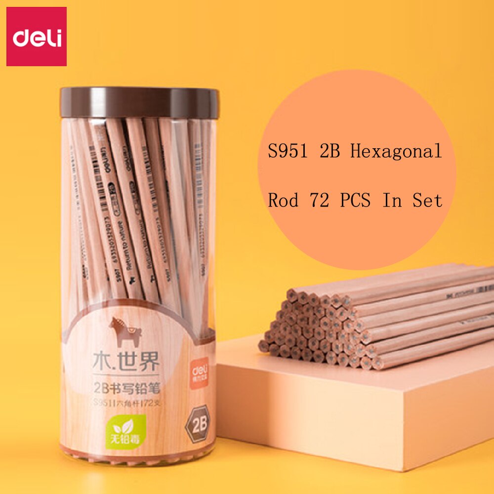 Deli Pencil Student Writing Exam Drawing Sketch Special Pencil Safety Log 2B/HB Wooden Triangle/Hexagon Rod Student Stationery: 72Pcs 2B Hexagonal