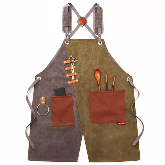 Canvas Chef Apron Cross Back with Pockets for Women Men Adjustable Strap And Large Pockets ApronKitchen Cooking Baking Bib: Gray and green
