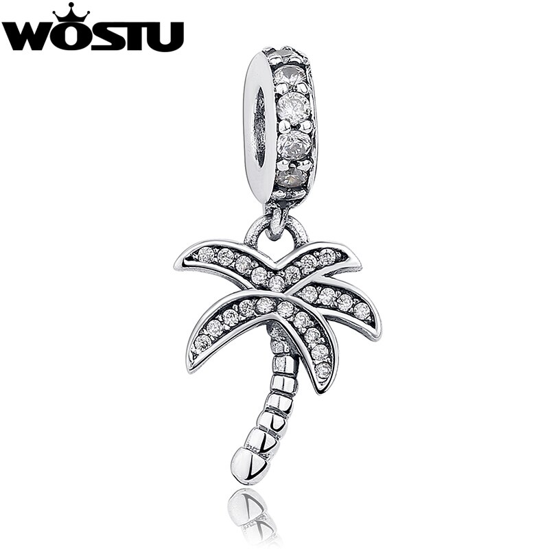 Real 925 Sterling Silver Sparkling Palm Tree Charm With Clear CZ Fit Original WST Bracelet Pendant Authentic Jewelry