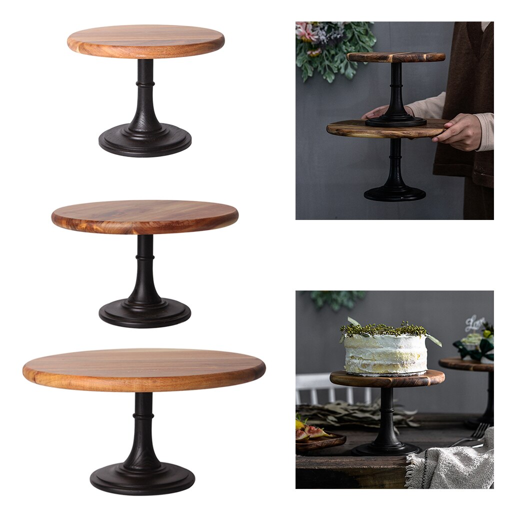 Support à gâteau en bois rustique, présentoir rond sur piédestal, décoratif d'anniversaire