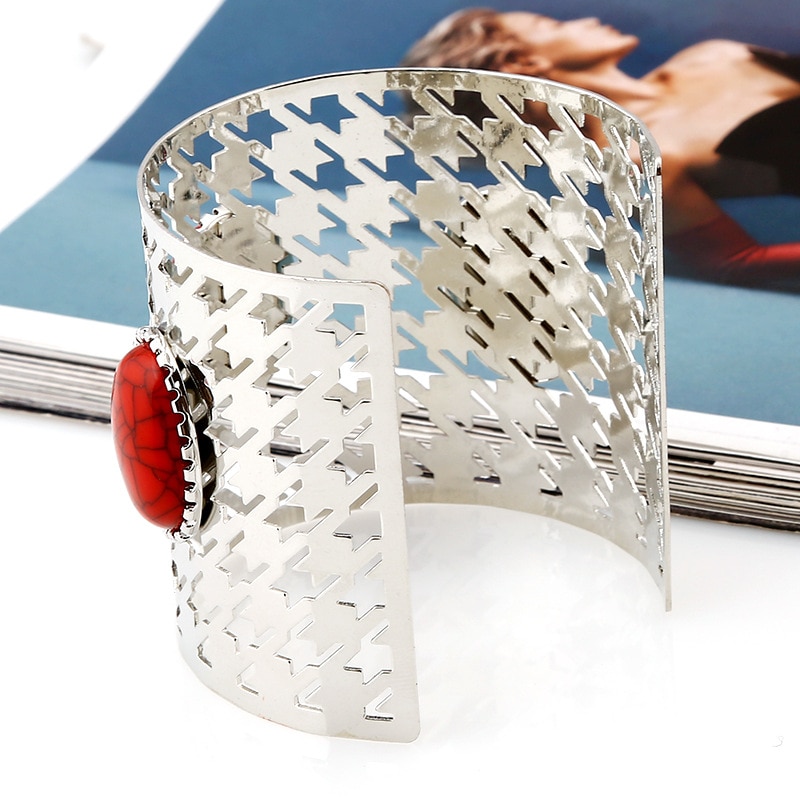 Lzhlq 2020 nova mulher de metal banhado a largura bangle maxi abertura redonda azul pedra jóias pulseira na moda geométrica oco manguito bangle