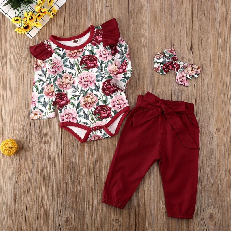 3pcs Newborn Baby Girl Clothes Sets 0-24M Floral Long Sleeve Romper Tops+Pants+Headband Outfits Set