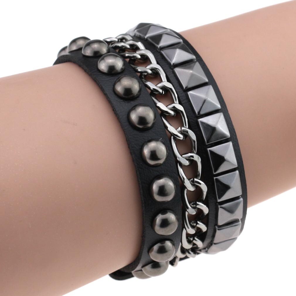 Gelaagde Leather Studded Armband Mannen Vrouwen Punk Band Rock Bangle Goth Sieraden Cosplay Emo Gothic Accessoires: black