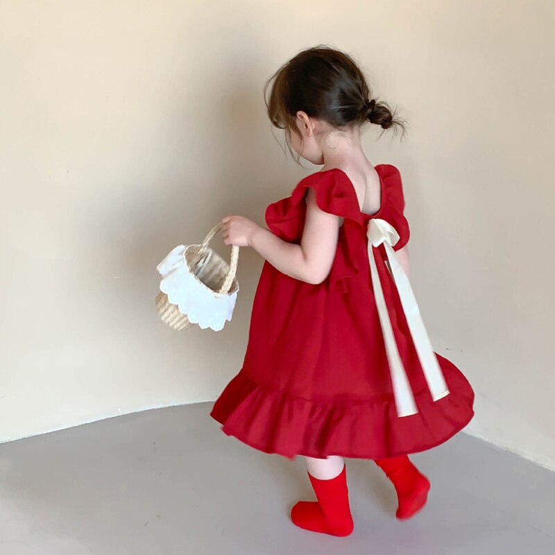 Summer Girls Dress Baby Kids Clothes Sweet Princess Dress Small Fresh Petal Sleeve Bow Vestidos 3-7Years Children&#39;S Clothing: CZ1618 Red / 6T
