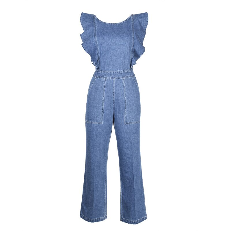 Blå denim overalls jumpsuit romper kvinder flæser rygløse sommer dame afslappede kvindelige bukser jeans kalenmos