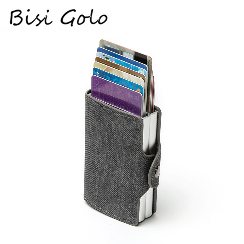 BISI GORO Anti-theft Double Boxes Wallet RFID Blocking Card Holder Denim Business Pop-up Metal ID Case