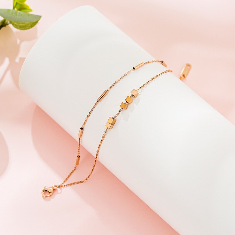 Pulsera de acero y titanio cuadrada, joyería de , pequeña, doble, oro rosa