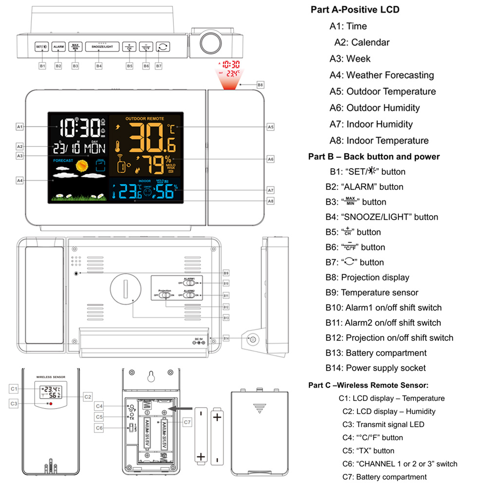 Hight Alarm Projection Thermometer Hygrometer Draadloze Weerstation Digitale Horloge Snooze Tabel Project Radio Klok