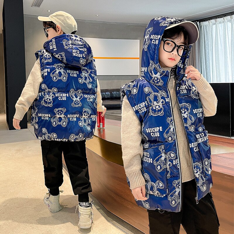 Inverno quente sem mangas jaqueta de algodão jaqueta infantil grosso com capuz para baixo colete de algodão menino adolescente azul dos desenhos animados impressão zip colete 4-13 y