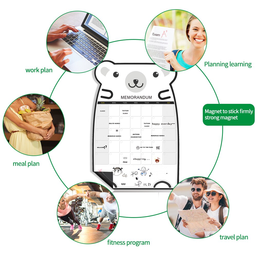 Cute Bear Magnetic Message Whiteboard Office Remind Memo Pad Fridge Magnet To do list Calendar Monthly Daily Planner with Marker