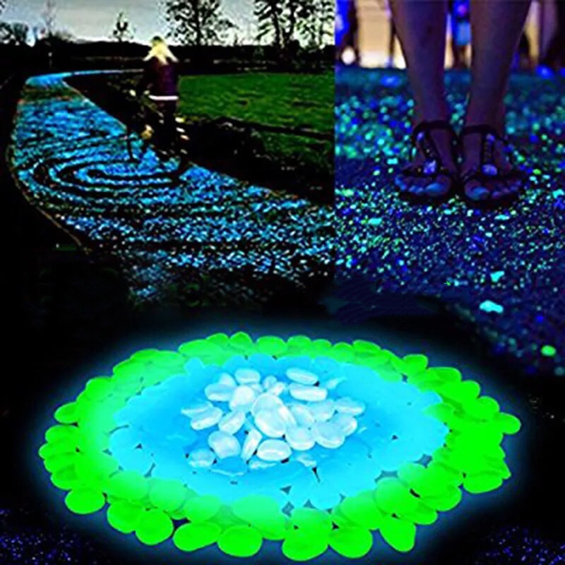 Piedras luminosas para decoración de jardín, guijarros decorativos que brillan en la oscuridad, para pecera al aire libre, piedras de guijarros, mezcla de colores para acuario, 100 Uds.