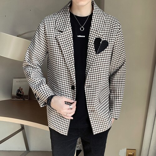 Chaqueta de traje de pata de gallo para hombre, ropa de calle informal holgada, Blazer de Social, abrigo de vestir de negocios que combina con todo, masculina, 2022: Caqui / XXXL