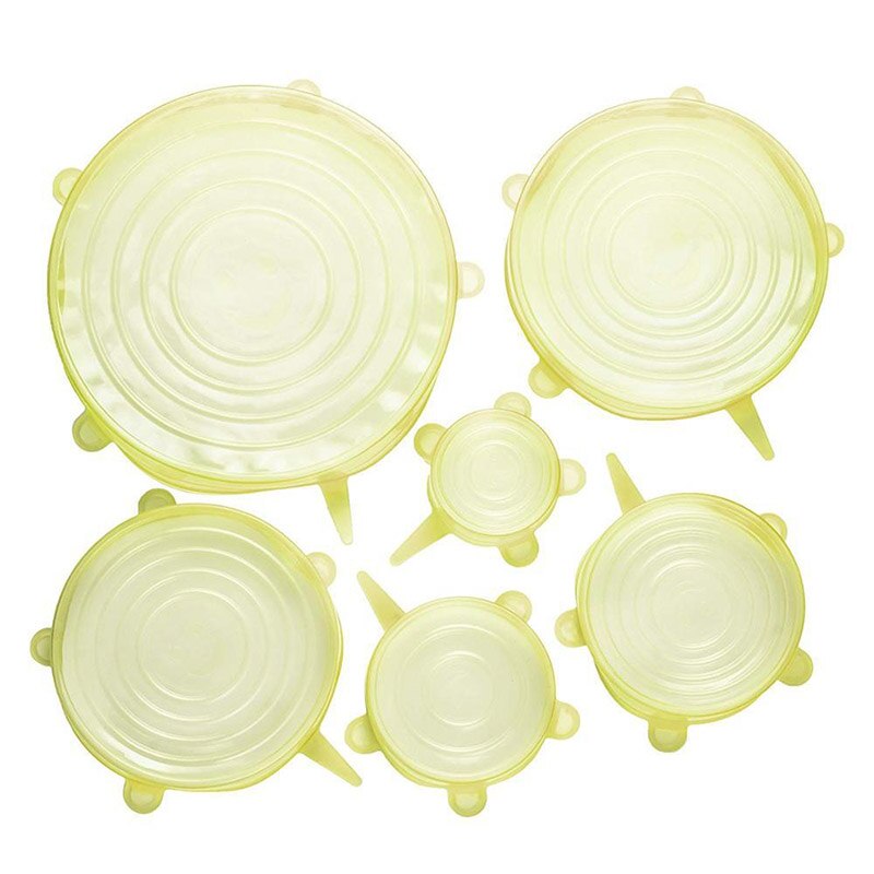 6 stuks herbruikbare siliconen kom afsluitdoppen magnetron koelkast verse kom deksel voedsel vers houden rekbaar magisch deksel: Geel