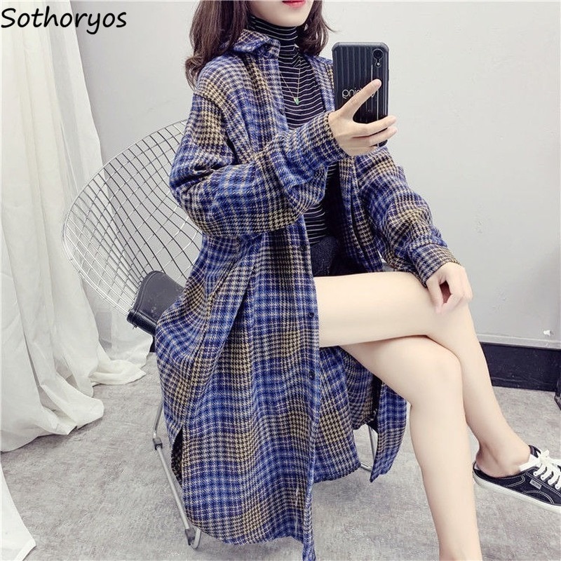 Trenchcoat kvinder efterår turn-down krave plus størrelse 3xl løs plaid chic kausal daglig streetwear lange frakker dame bf
