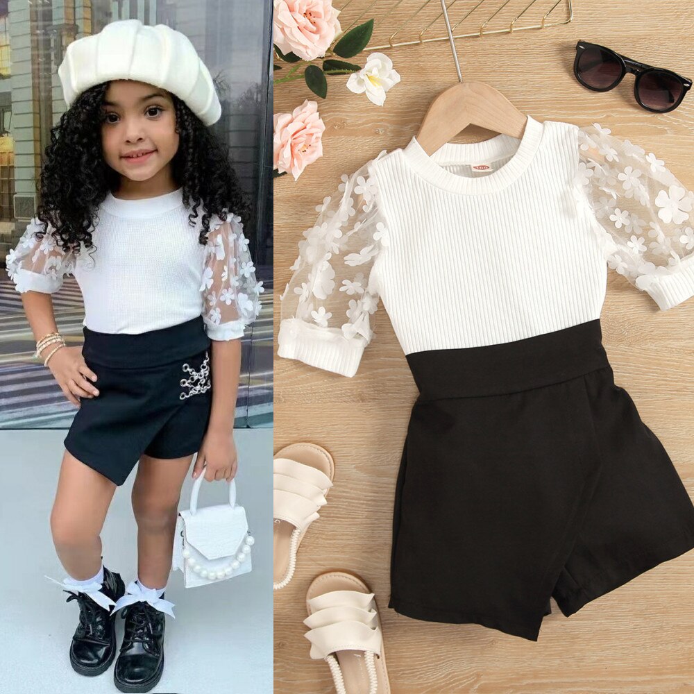 2-7Y Mode Peuter Baby Meisjes Kleding Sets Mesh Korte Mouw Ronde Hals Bloemen Kant Blouse Tops Casual Shorts 2 Stuks