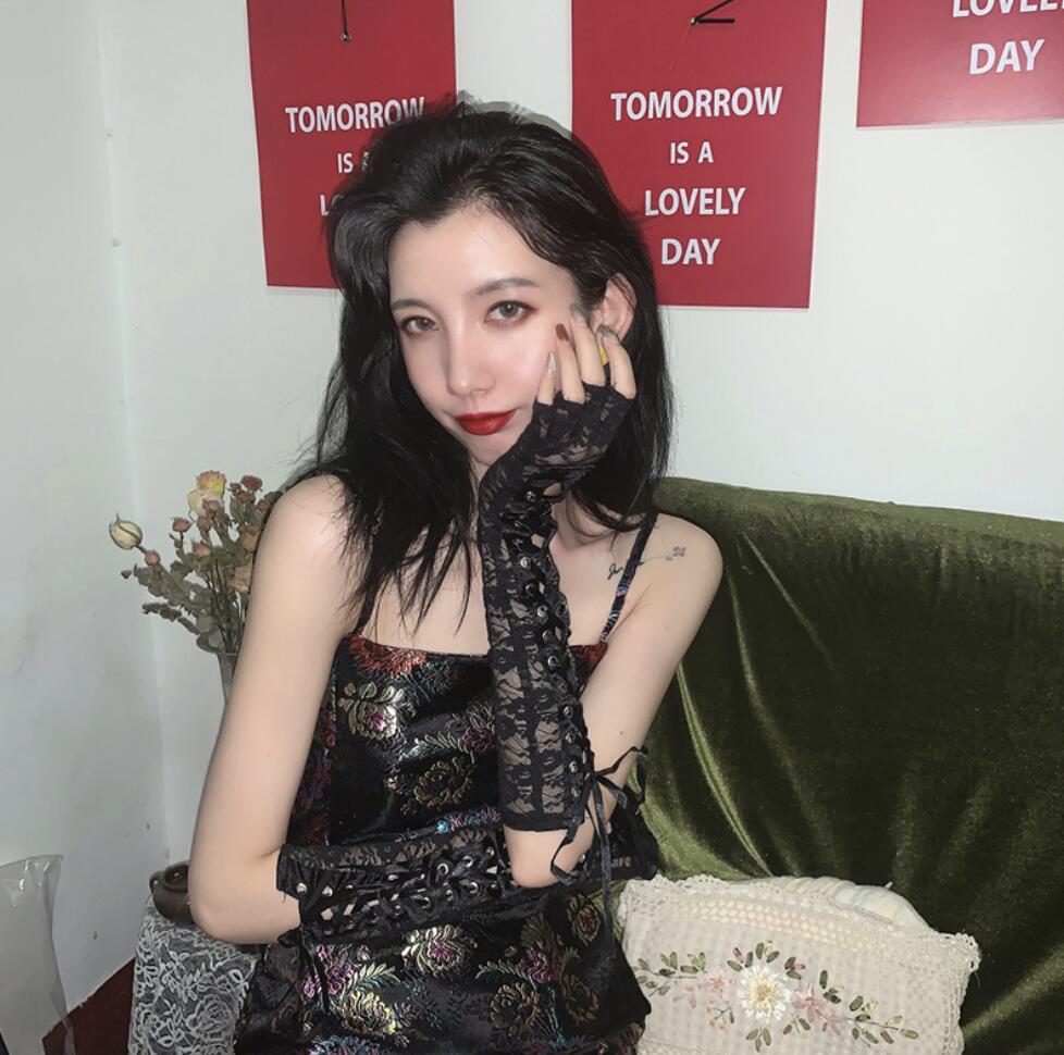 Gants longs Lolita pour femmes, rétro, Steampunk gothique, Corset en dentelle, demi-doigt, ruban en résille