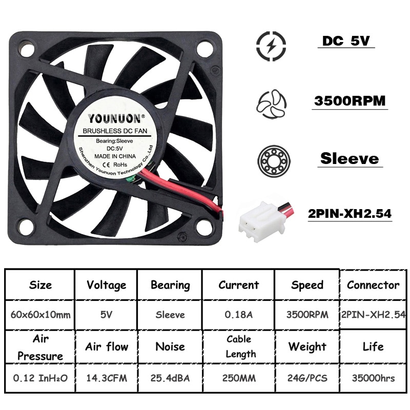 2 Stuks 5V 12V 24V 60Mm 6010 Dc Fan 60X60X10Mm 6cm Cooling Koeler Fan Computer Pc Cpu Case Cooling Kogellager Fan: 6010 5V Oil XH2.54