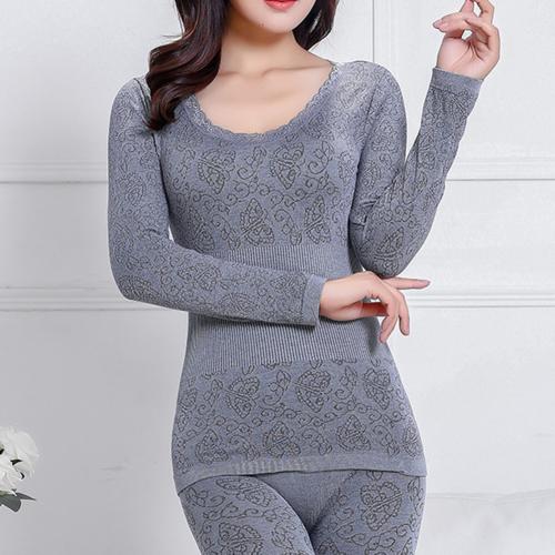 Women Sleepwear 2Pcs Autumn Winter O Neck Top Long Pants Thermal Underwear Elastic Warm Soft Sleepwear Set Christmas: Grey