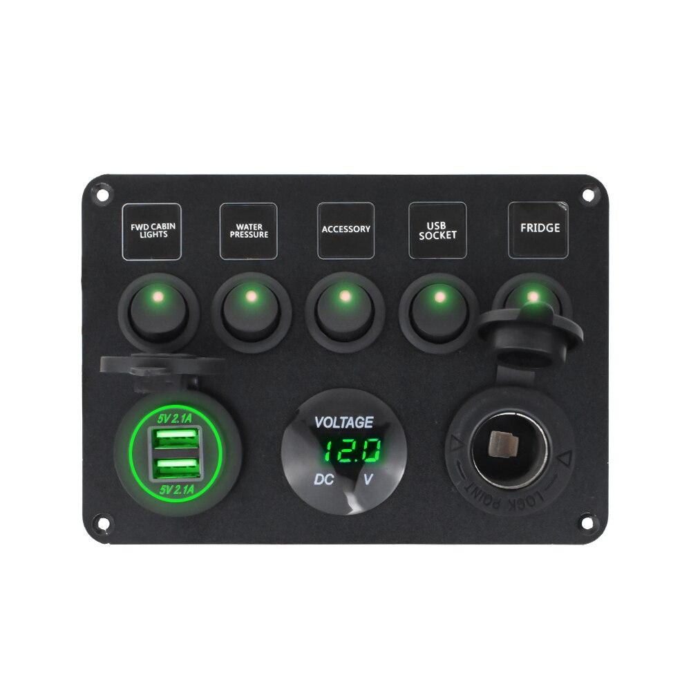 Boat Switch Panel Car Switch Panel Waterproof Digital Dual USB Voltmeter Port 12V Outlet Combination Marine LED Rocker 5 Gang: green