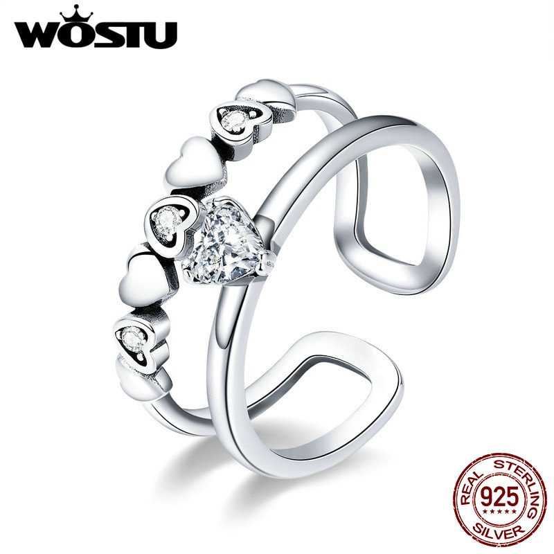 WOSTU Echte 100% 925 Sterling Zilver Bridal Hart Clear CZ Open Ringen Voor Vrouwen Mode-sieraden Bruiloft Zilveren Ring CQR429