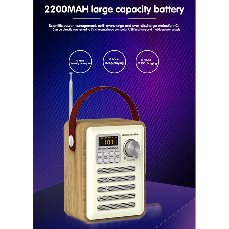 FM Radio Retro Wooden Box Radio with Handle, with Bluetooth Speaker Function