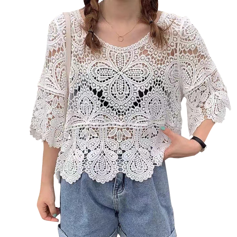 Sommer, uthulet heklet strikkegenser med blomsterprint, gjennomsiktig rund hals, slengt, 3/4- ermet crop top med skuldertrekk for kvinner: Hvit
