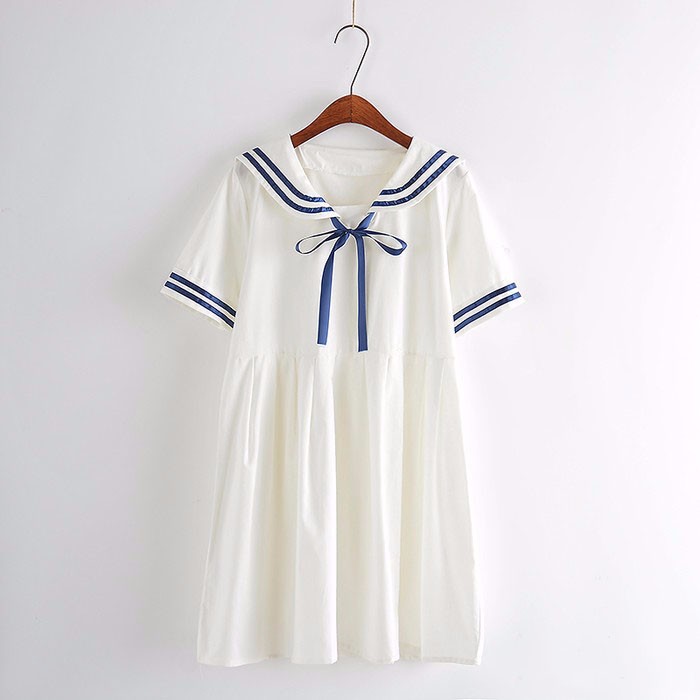 Autumn Summer Women's Dress Female Cotton-Line Sailor Collar College Sweet Striped Pure Girls Dress