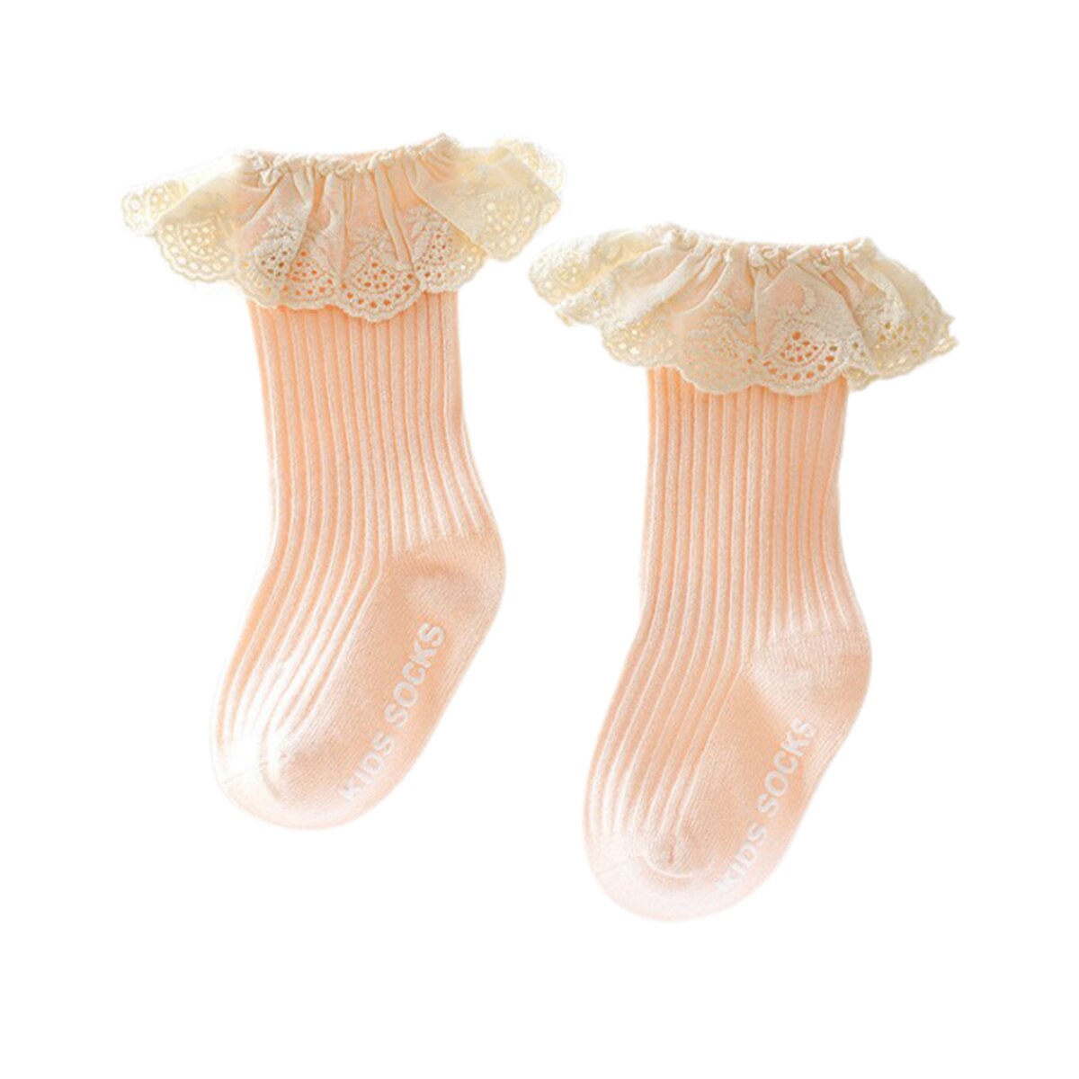 Cute Baby Girls Lace Princess Socks Ribbed Knit Solid Color Anti-slip Medium Tube Stockings Kids Turn Cuff Ruffle Floor Hosiery: Lotus color / 9M