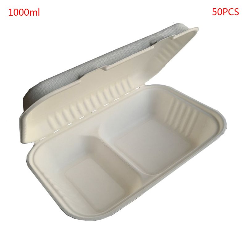 50Pcs/bag 1000ML Biodegradable Disposable Takeout Food Containers Leak Proof Rice Meal Holder Box with 2 Compartments: White