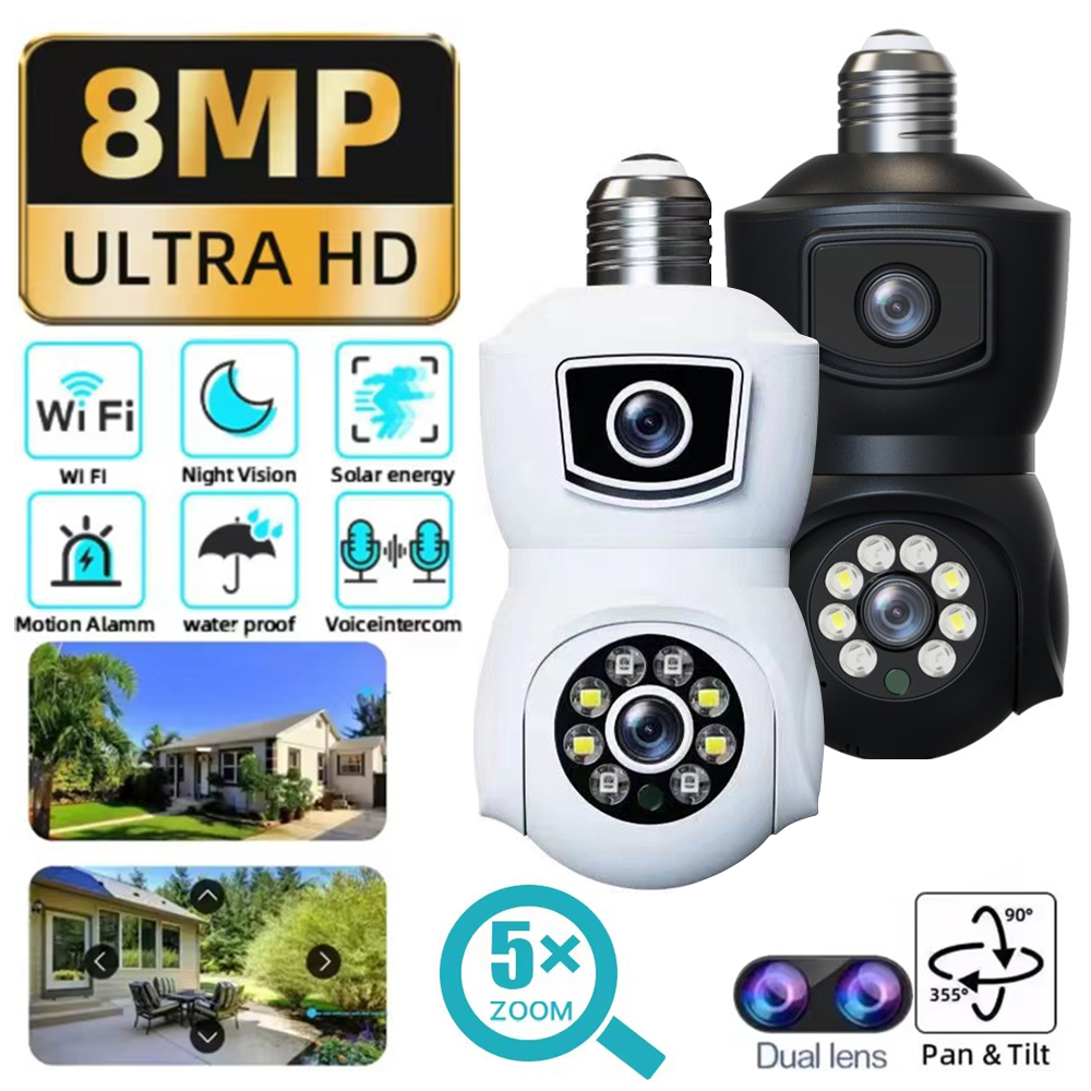 4K 8MP E27 Bulb WiFi Camera Dual Lens Dual Screen Auto Tracking Two Way Audio Color Night Vision Outdoor Security Camera