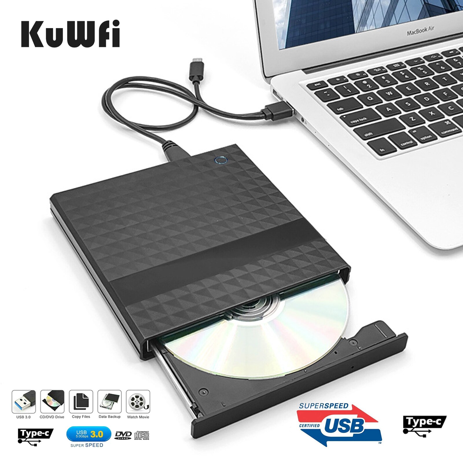 KuWFi-grabador de DVD externo USB 3,0 tipo C, Unidad óptica, reproductor de CD/DVD ROM para ordenador portátil, MACs OS, Windows XP/7/8/10