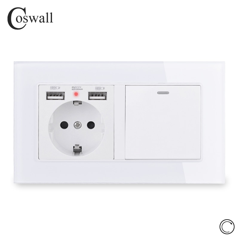 COSWALL EU Russia Spain Wall Socket With 2 USB Charge Port + 1 Gang Reset Momentary Contact Push Button Light Switch Glass Panel
