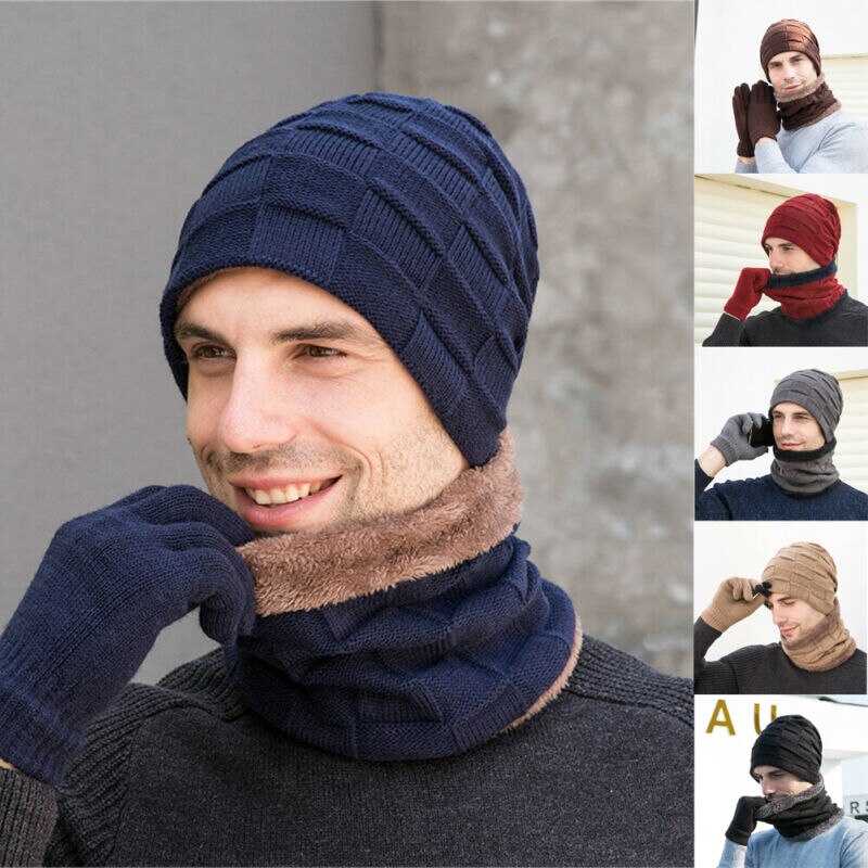 Men Women Winter 3 Piece Set Knit Beanie Hat Scarf Touchscreen Gloves Warm Suit