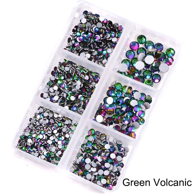 Blandestørrelser glas krystal non fix rhinestone sæt flatback krystal negle rhinestones diamant diy dekorationer 1200 stk: Grøn-vulkansk