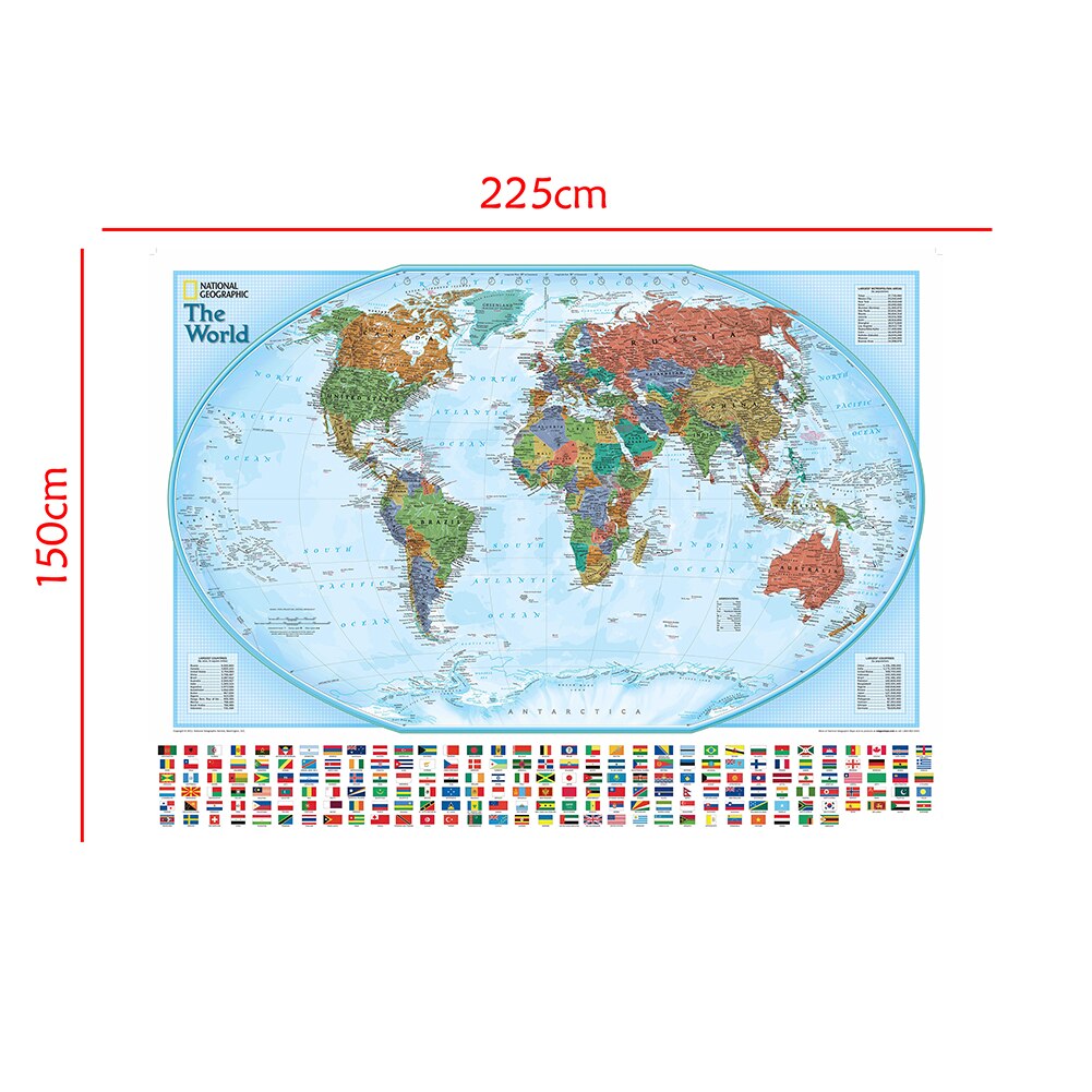 150X225 Cm Non-woven Fysieke Wereldkaart Met Nationale Vlaggen De Wereld Hamer Projectie Kaart Voor Cultuur en Onderwijs