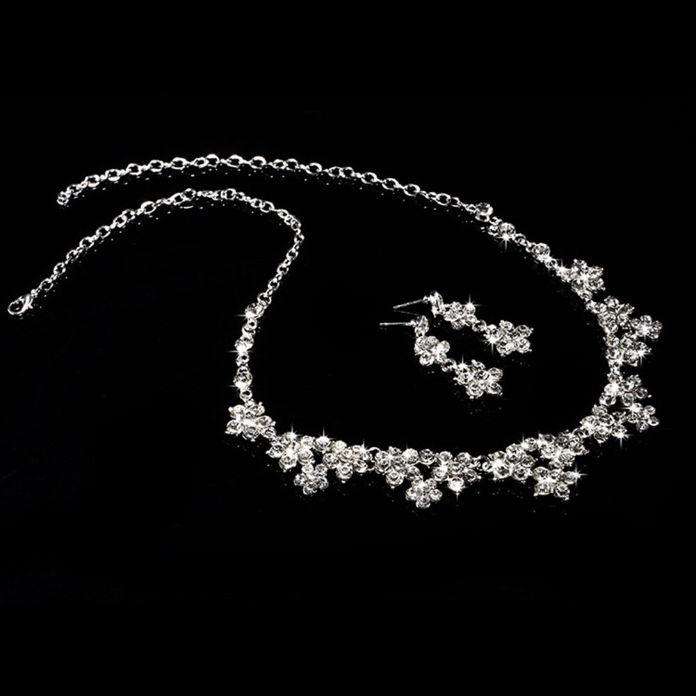 Luxury Rhinestone Inlaid Sliver Color Necklace Earrings Hair Crown Bride Jewelry Set