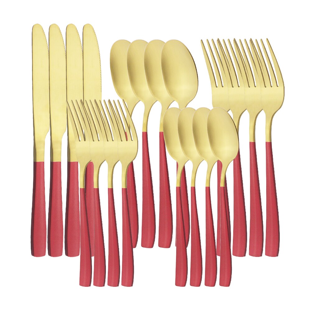 Couverts en acier inoxydable, 20 pièces, noir mat, service de table, couteau à dîner, fourchette à Dessert, cuillère, vaisselle de table, couverts de cuisine pour la maison: Red Gold
