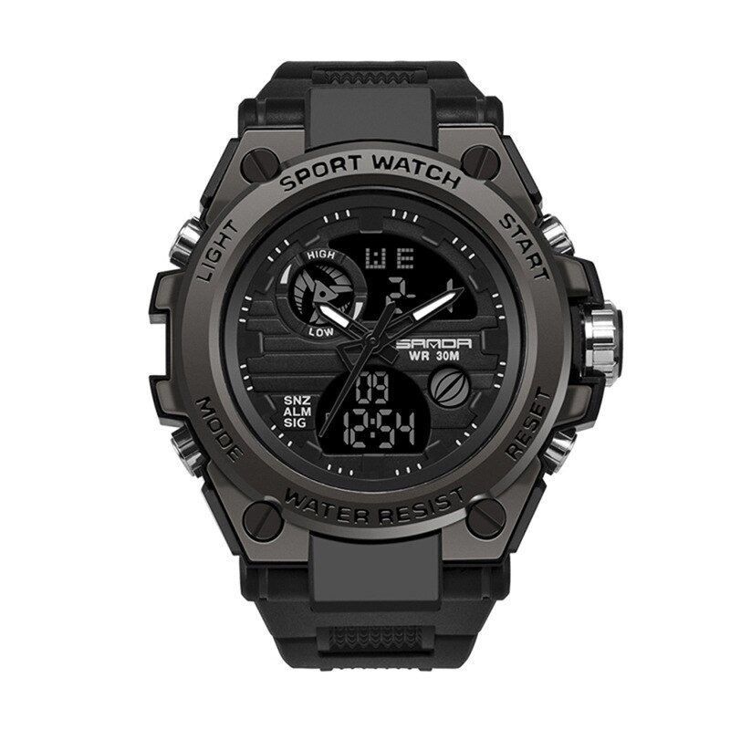 Sanda 739 Outdoor Sport Dubbele Weergave Beweging Multi-Kinetische Energie Elektronische Horloge Tij Mannen Water Lichtgevende Mannen horloge: Black